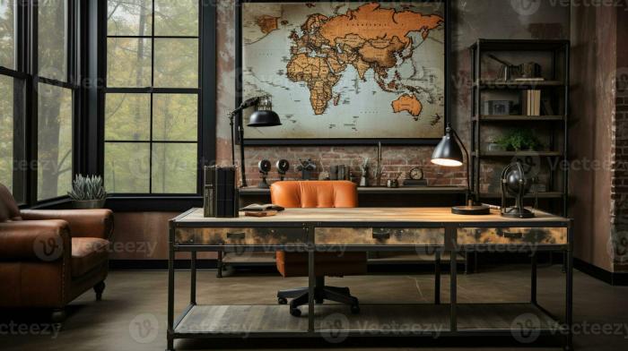 Industrial-style home office with a reclaimed wood desk Design and a ... Industrial style home office furniture
